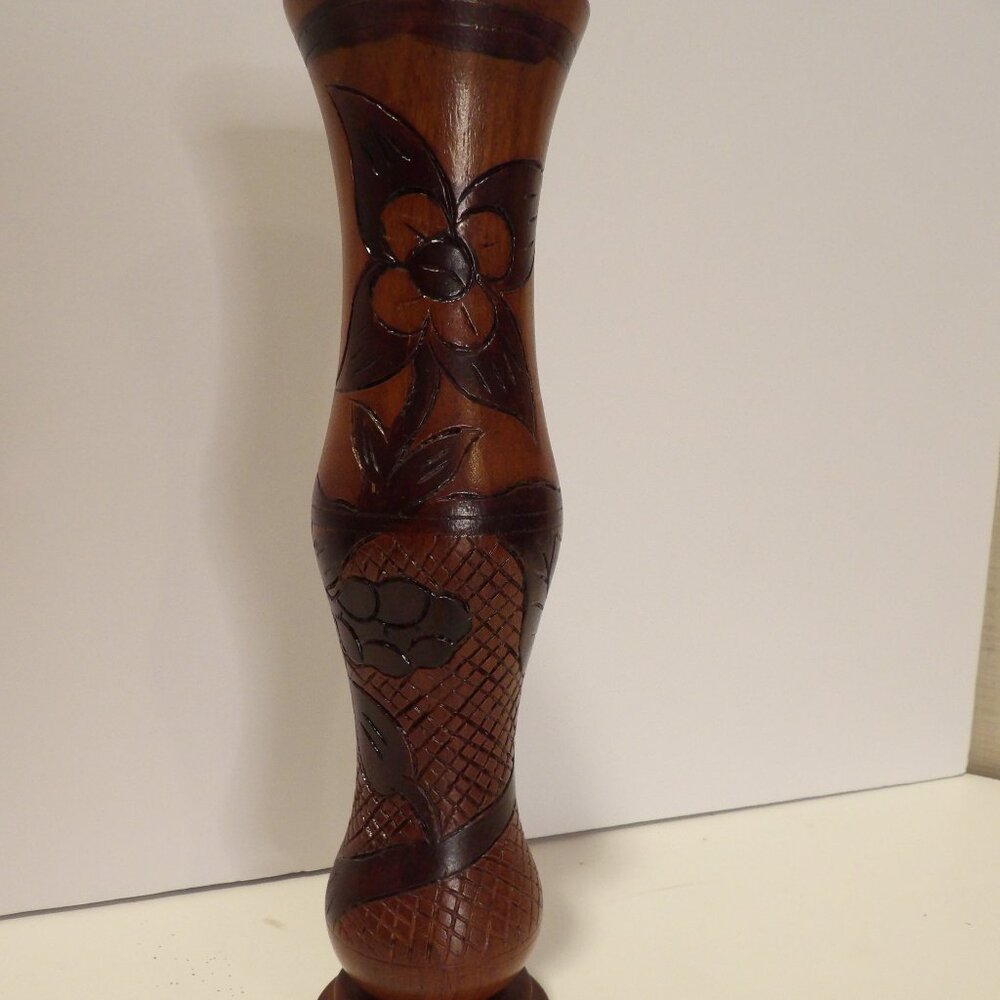 +Vintage 1980s Hand Carved Etched Hand Turned Wood Floral Vase 10" Boho